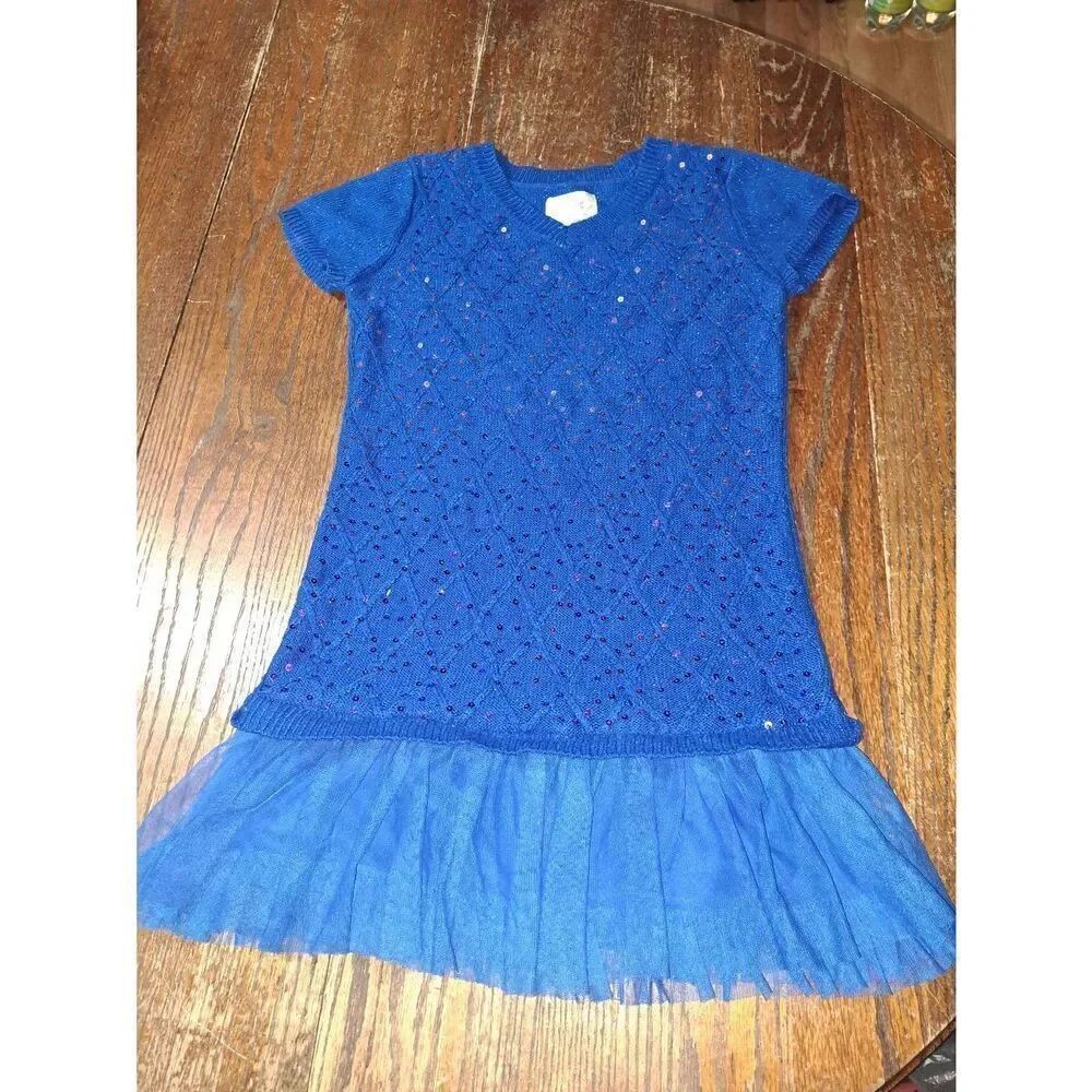 Sz 18 Justice Short Sleeve Blue Knit Sequin Sweater Tutu Dress Tulle Lined Skirt